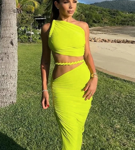 Green Sexy Two Piece Sets Women Oblique Shoulder Crop Tops And Maxi Skirt Female Thigh High Split Ruched Long Dress
