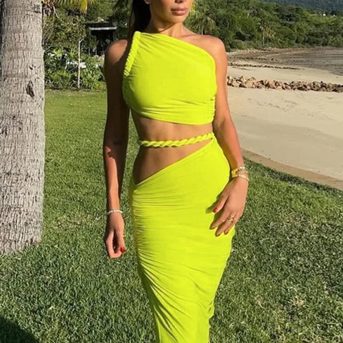 Load image into Gallery viewer, Green Sexy Two Piece Sets Women Oblique Shoulder Crop Tops And Maxi Skirt Female Thigh High Split Ruched Long Dress
