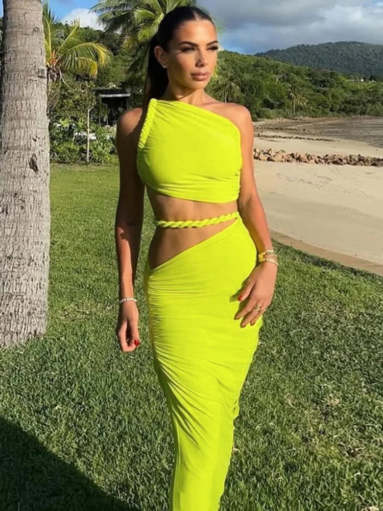 Green Sexy Two Piece Sets Women Oblique Shoulder Crop Tops And Maxi Skirt Female Thigh High Split Ruched Long Dress