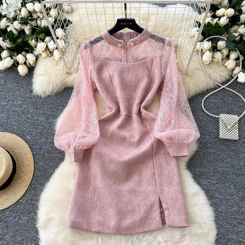 Load image into Gallery viewer, Autumn 2024 New Chinese Style Retro Elegant Long Sleeve Slim Evening Party Dresses Women Pink Sequin Patchwork Lace Short Dress
