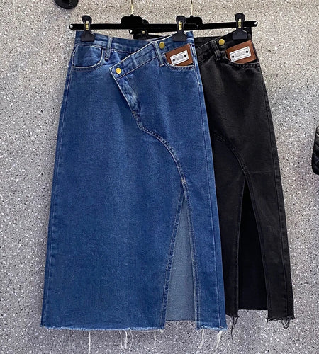 Casual Skirt Women Summer New Mid Length A-line Skirts High Waist Female Irregular Split Denim Skirt Slim Fashion