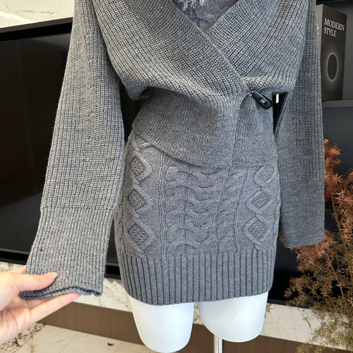 Load image into Gallery viewer, Retro New Two Piece Set Women Grey Lace Elegant Knitted High Neck Sleeveless Knit Slim Dress And Long Sleeve Short Cardigan Tops
