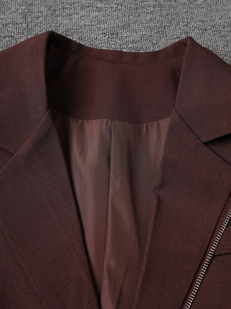 Women Wine Red Zipper Big Size Elegant Blazer New Lapel Long Sleeve Jacket Fashion Tide Spring Autumn 2025 7AB8207