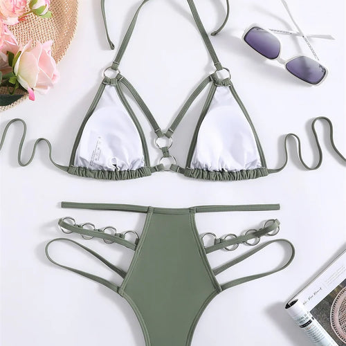 Load image into Gallery viewer, Green Rings Halter Bikini Set 2024 Sexy Hollow Out Swimwear Women Brazilian Swimsuit High Waist Biquini Bathing Suit
