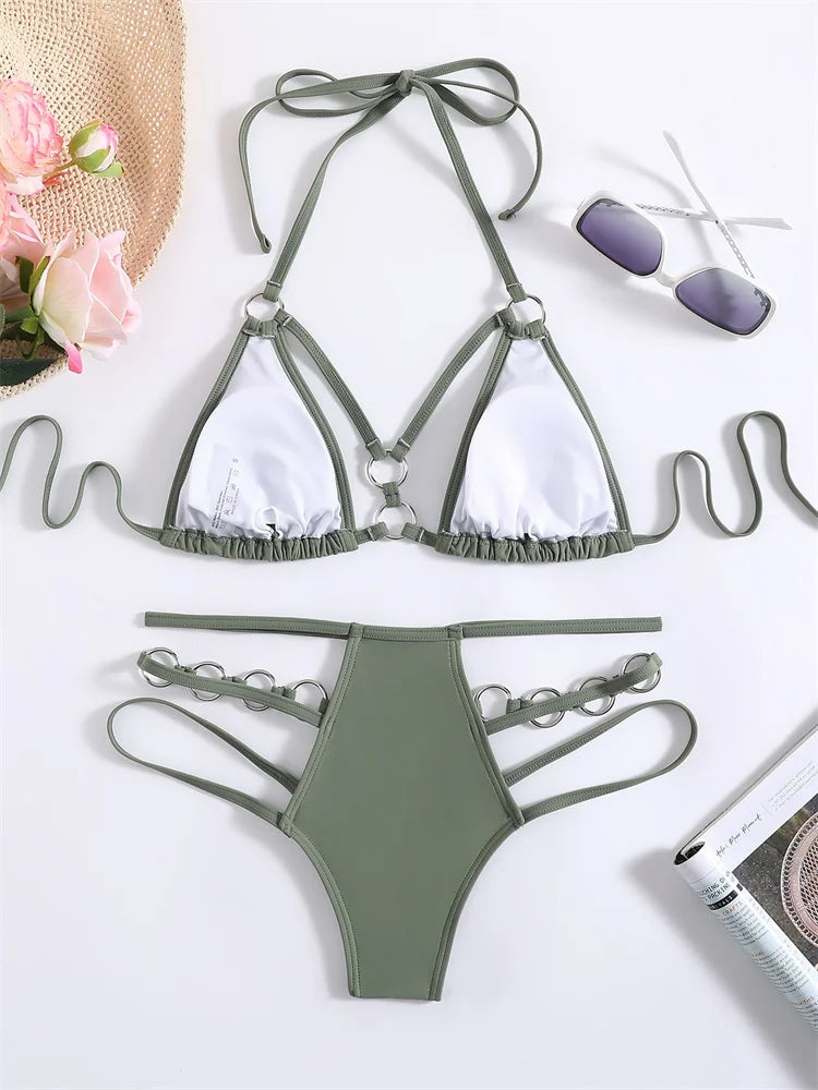 Green Rings Halter Bikini Set 2024 Sexy Hollow Out Swimwear Women Brazilian Swimsuit High Waist Biquini Bathing Suit