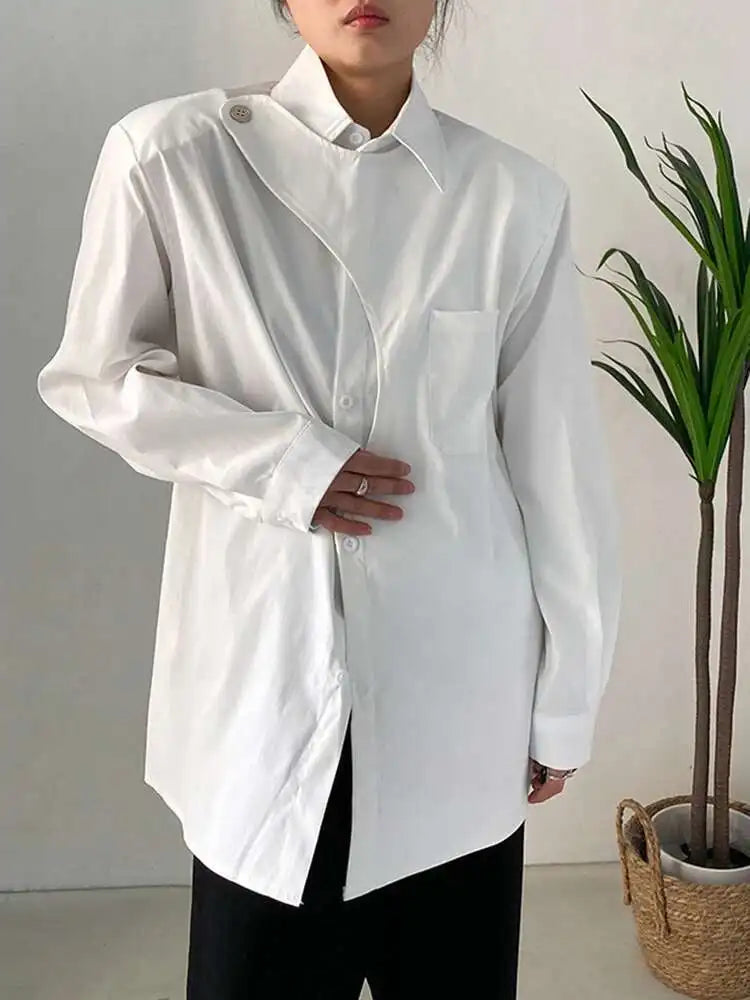 Women White Irregular Big Size Blouse New Lapel Long Sleeve Loose Fit Shirt Fashion Tide Spring Autumn 2025 1DF7024
