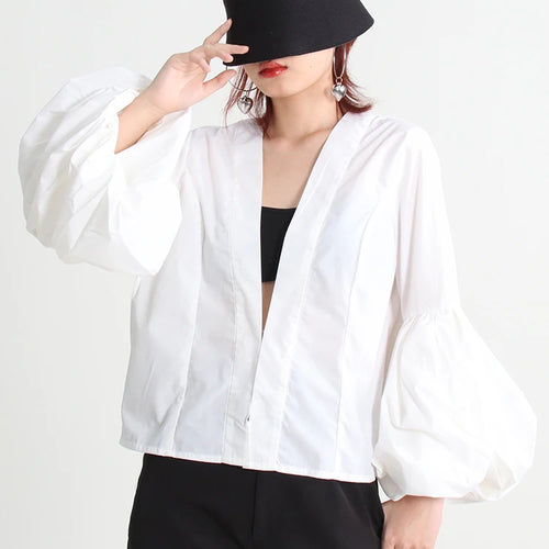 Load image into Gallery viewer, Solid Loose Shirts For Women Deep V Neck Lantern Sleeve Ruched Blouses Female Clothing Autumn Casual Fashion
