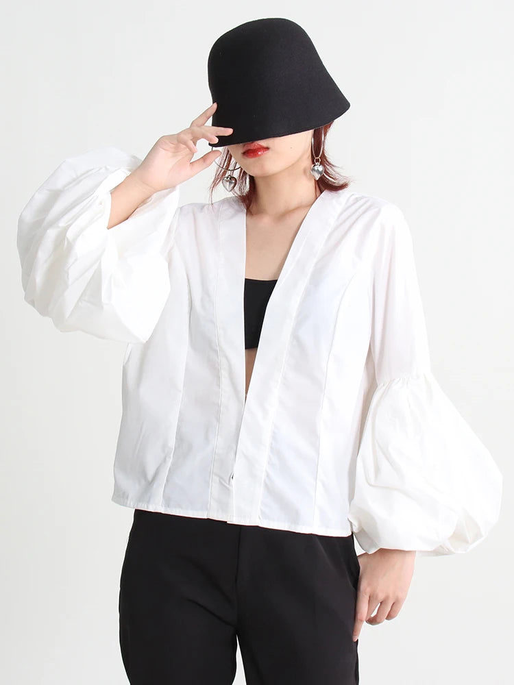 Solid Loose Shirts For Women Deep V Neck Lantern Sleeve Ruched Blouses Female Clothing Autumn Casual Fashion