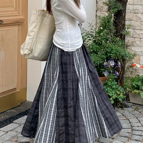 Load image into Gallery viewer, High Elastic Waist Gray Plaid Spliced Vintage A-line Half-body Skirt Women Fashion Tide New Spring Autumn 2025 1DJ1478
