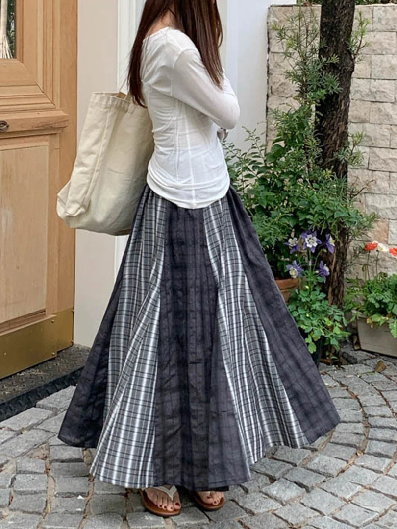 High Elastic Waist Gray Plaid Spliced Vintage A-line Half-body Skirt Women Fashion Tide New Spring Autumn 2025 1DJ1478