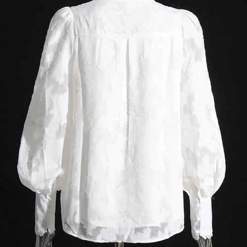 Load image into Gallery viewer, Elegant Lace Panel Shirt For Women Stand Collar Long Sleeve Embroidery Solid Slim Single Brasted Blouses Female
