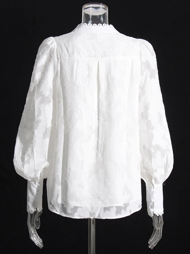 Elegant Lace Panel Shirt For Women Stand Collar Long Sleeve Embroidery Solid Slim Single Brasted Blouses Female