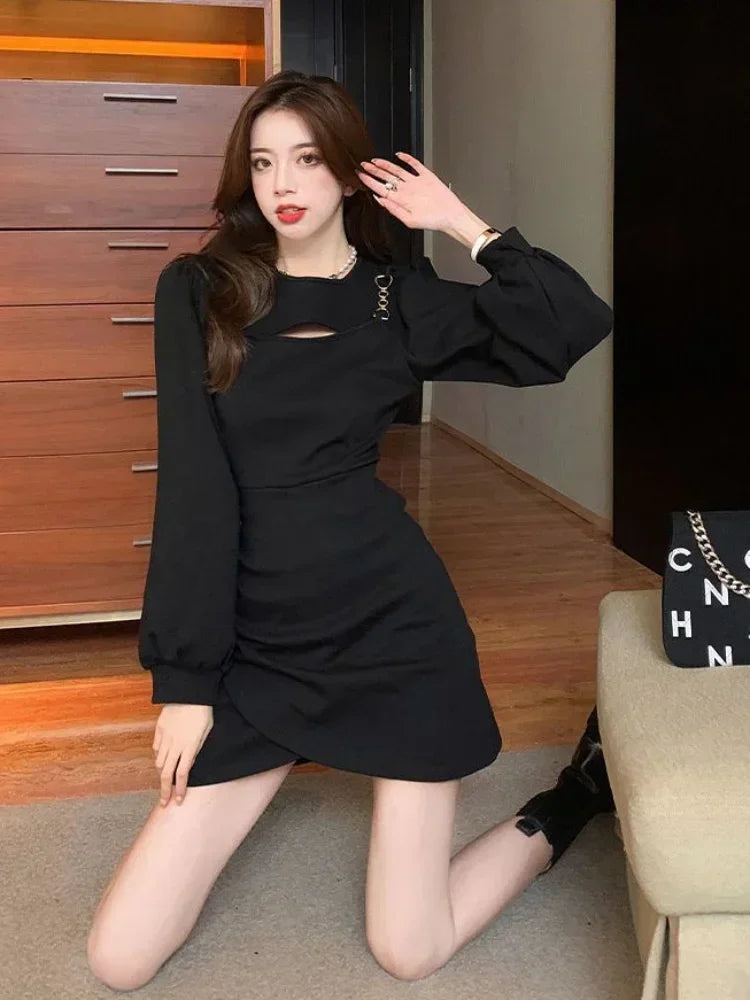 Sexy Black Hollow Out Mini Dress Women Bodycon Wrap Slim Short Dresses Party Evening Autumn Outfits Robes Female