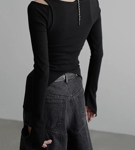 Black Irregular 3 Ways Wear Knitting Sweater O-neck Long Sleeve Women Pullovers New Fashion Spring Autumn 2025 1DH9225