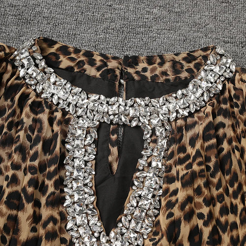 Load image into Gallery viewer, Women Brown Leopard Printed Rhinestones Long Dress New Round Neck Long Sleeve Fashion Tide Spring Autumn 2025 3WM2692
