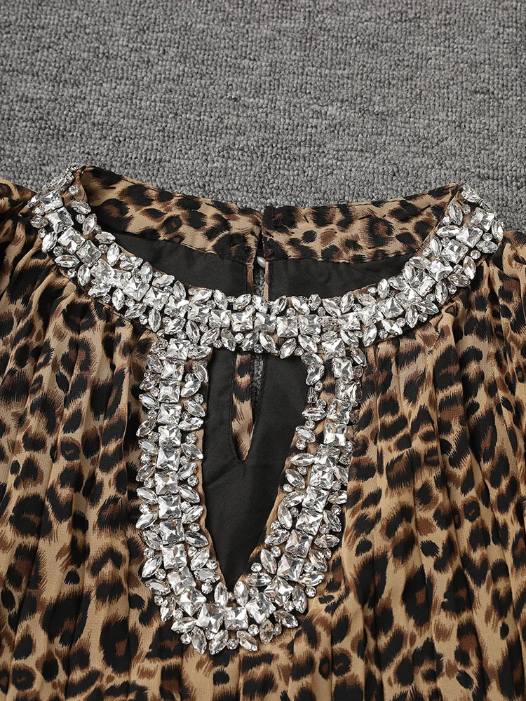 Women Brown Leopard Printed Rhinestones Long Dress New Round Neck Long Sleeve Fashion Tide Spring Autumn 2025 3WM2692