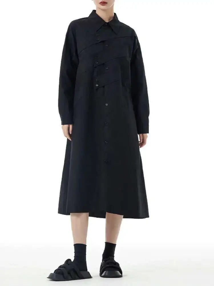 Women Rose Red Button Design Big Size Midi Shirt Dress New Lapel Long Sleeve Fashion Tide Spring Autumn 2025 1DH5165