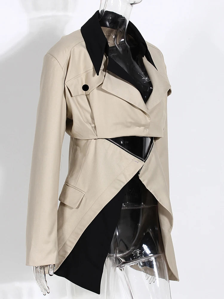 Loose Fit Khaki Two Ways Wear Irregular Jacket New Lapel Long Sleeve Women Coat Fashion Tide Spring Autumn 2025 1DE7081