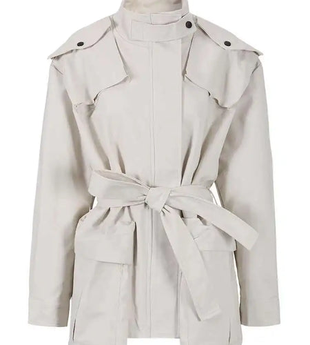 Women Beige Belted Big Size Trench New Stand Collar Long Sleeve Loose Windbreaker Fashion Tide Spring Autumn 2025 CPG0719