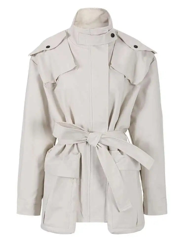 Women Beige Belted Big Size Trench New Stand Collar Long Sleeve Loose Windbreaker Fashion Tide Spring Autumn 2025 CPG0719