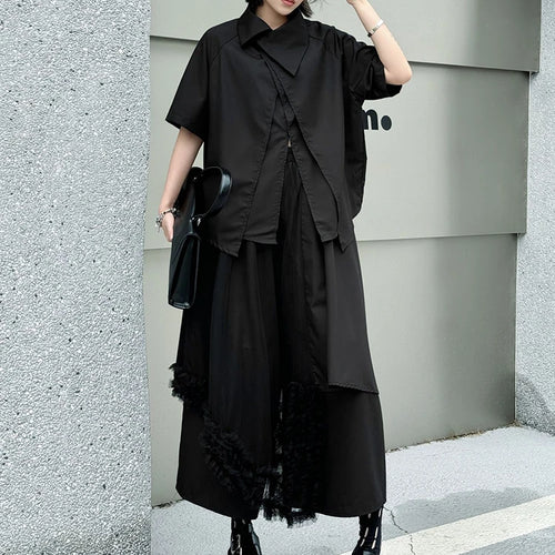 Load image into Gallery viewer, Big Size Black Irregular Shirt Mesh Pants Two Piece Suit New Lapel Short Sleeve Women Fashion Spring Summer 2025 1DJ1371
