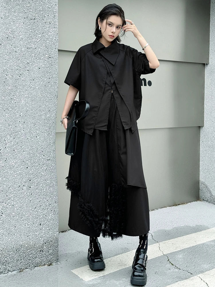 Big Size Black Irregular Shirt Mesh Pants Two Piece Suit New Lapel Short Sleeve Women Fashion Spring Summer 2025 1DJ1371