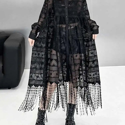 Load image into Gallery viewer, Women Black Lace Jacquard Perspective Big Size Shirt Dress New Lapel Long Sleeve Fashion Tide Spring Autumn 2025 1DH894201
