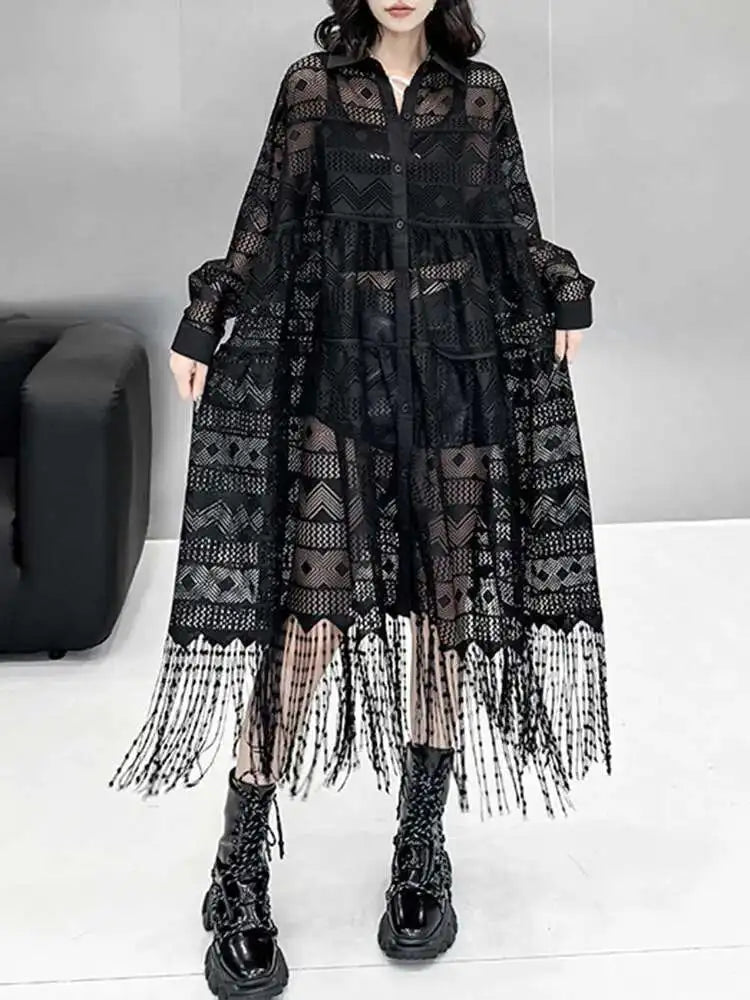 Women Black Lace Jacquard Perspective Big Size Shirt Dress New Lapel Long Sleeve Fashion Tide Spring Autumn 2025 1DH894201