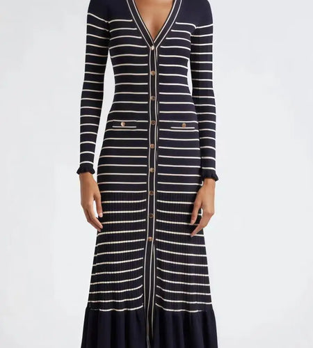 Retro Women Black Beige Striped Single Breasted Slim Knit Dress Autumn Winter Long Sleeve V Neck Elegant Office Ruffles Dresses