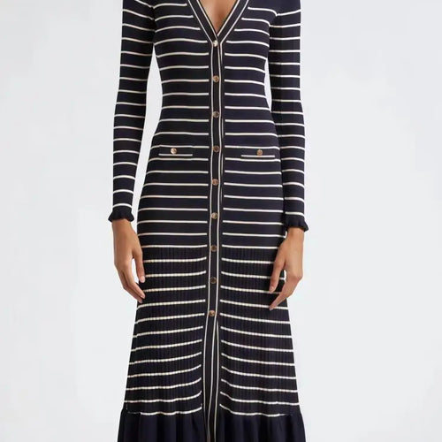 Load image into Gallery viewer, Retro Women Black Beige Striped Single Breasted Slim Knit Dress Autumn Winter Long Sleeve V Neck Elegant Office Ruffles Dresses
