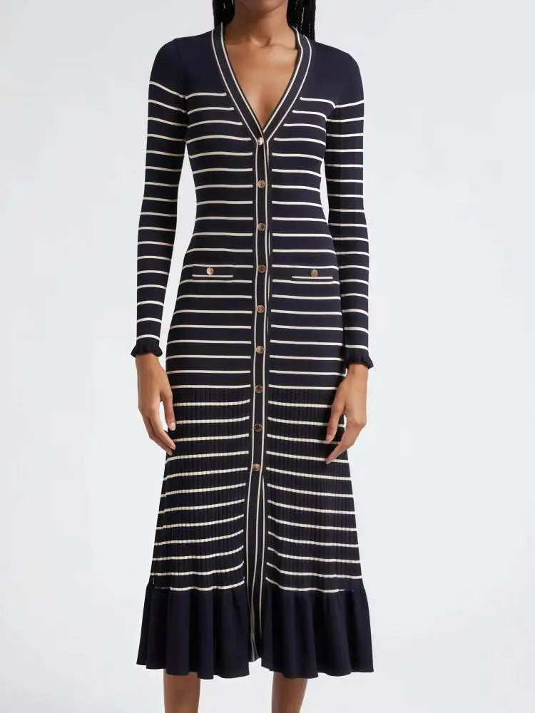 Retro Women Black Beige Striped Single Breasted Slim Knit Dress Autumn Winter Long Sleeve V Neck Elegant Office Ruffles Dresses