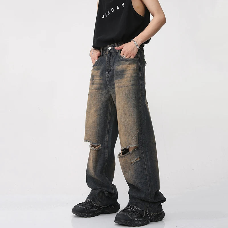 American Style Vintage Male Hiole Jeans Summer High Street Men's Wide Leg Denim Pants Gradient Straight Trousers 9A8592