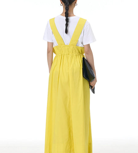 Women Yellow Drawstring Pocket Big Size Long Strap Dress V-neck Sleeveless New Sleeve Fashion Spring Autumn 2025 1DJ0878