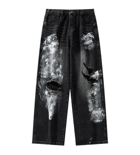 Men's Jeans New American Style Niche Design Graffiti Ripped Design Straight Wide Leg Hole Stylish Male Clothing 9W2023