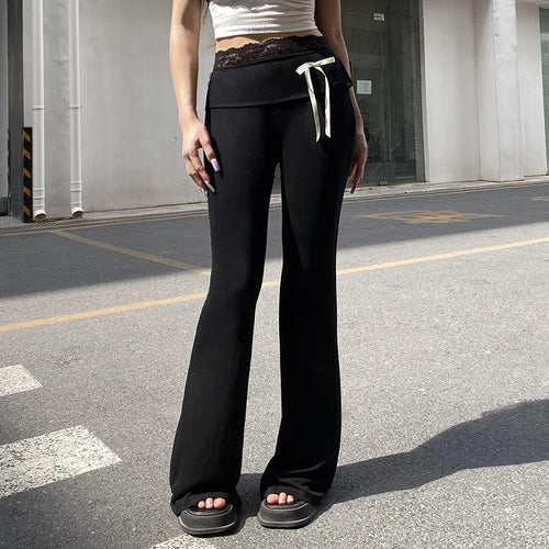 Load image into Gallery viewer, Casual Black Skinny Lace Spliced Basic Women Pants Bow Yoga Soft Gym Bow Harajuku Full Length Flared Trousers Bottoms
