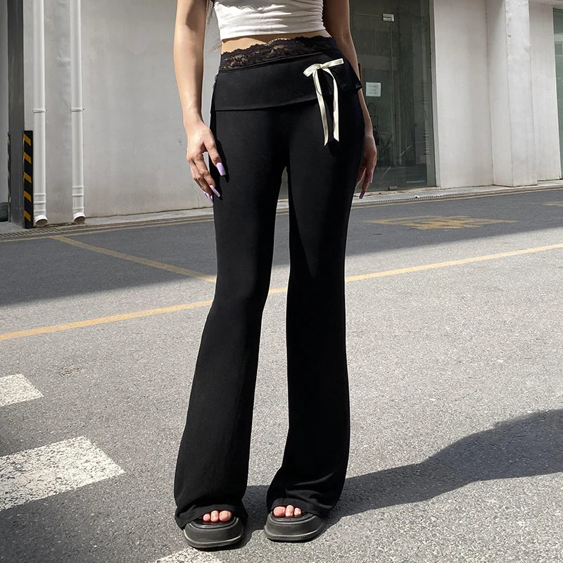 Casual Black Skinny Lace Spliced Basic Women Pants Bow Yoga Soft Gym Bow Harajuku Full Length Flared Trousers Bottoms