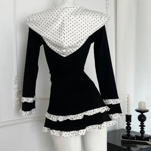 Load image into Gallery viewer, Vintage Women Autumn Sweet Black Dot Patchwork Long Sleeved Short Dress French Elegant College Style Ruffles Fashion Mini Dress
