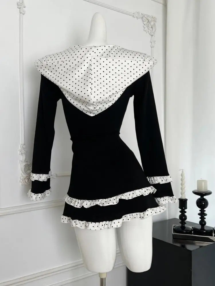 Vintage Women Autumn Sweet Black Dot Patchwork Long Sleeved Short Dress French Elegant College Style Ruffles Fashion Mini Dress