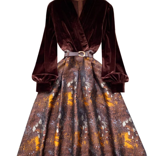 Load image into Gallery viewer, Vintage Brown Patchwork Print Elegant Lantern Sleeve Long Dress Bohemian Autumn Winter French Slim Fashion Women A-line Dresses
