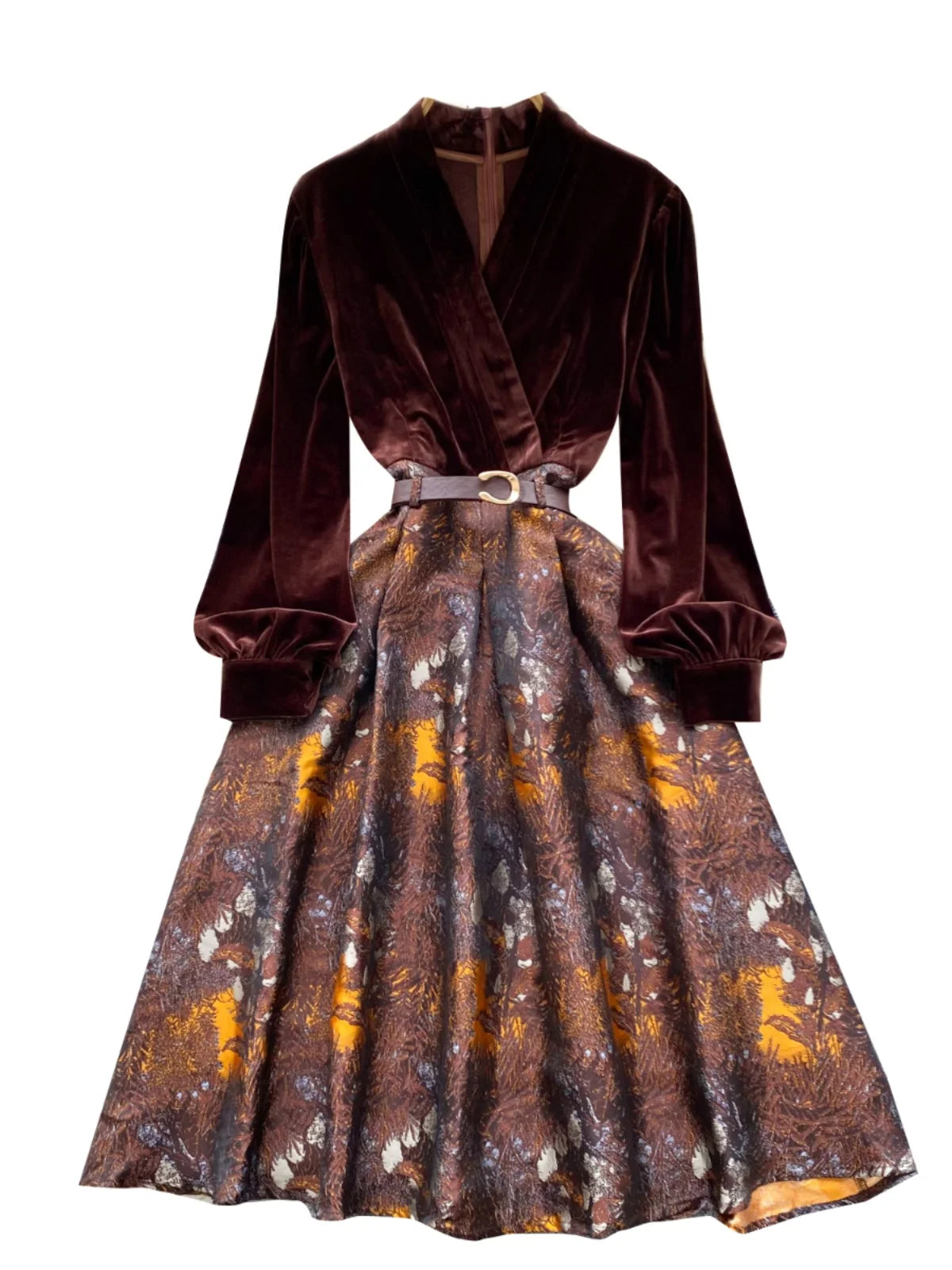 Vintage Brown Patchwork Print Elegant Lantern Sleeve Long Dress Bohemian Autumn Winter French Slim Fashion Women A-line Dresses