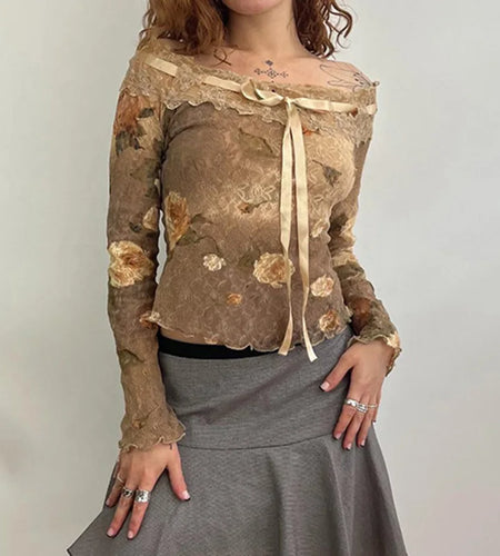 Fairycore Chic Y2K Autumn Tee Shirts Flowers Printed Vintage Lace Patchwork Graphic T shirt Female Aesthetic Bow Cute