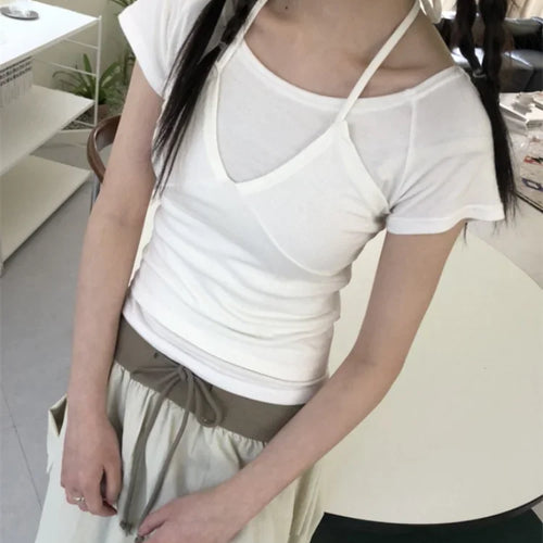 Load image into Gallery viewer, Two Pieces Set Short Sleeve T-shirt Halter Patchwork Slim Sexy Fashion Cropped Top Women Y2k  Aesthetic Summer Solid Casual Tees
