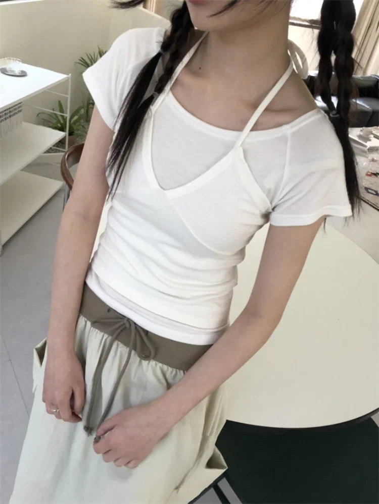 Two Pieces Set Short Sleeve T-shirt Halter Patchwork Slim Sexy Fashion Cropped Top Women Y2k  Aesthetic Summer Solid Casual Tees