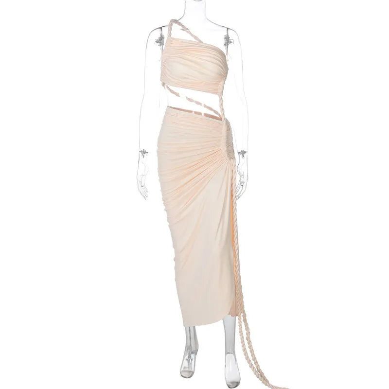 Off-shoulder Thigh High Split Sexy Maxi Dress For Women Fashion Strapless Sleeveless Ruched Bodycon Club Party Dress