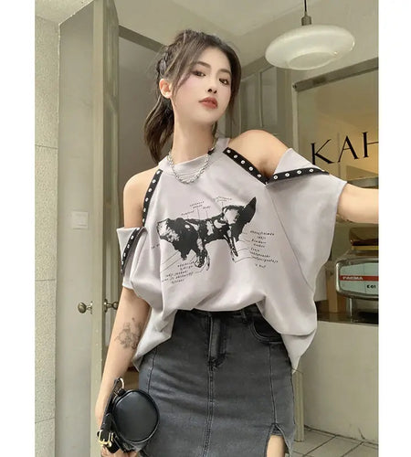 Oversized Y2k Tops Harajuku Tshirts for Women O-neck Off Shoulder Summer Tees Streetwear Casual Fashion T Shirt 2024 Ropa Mujer