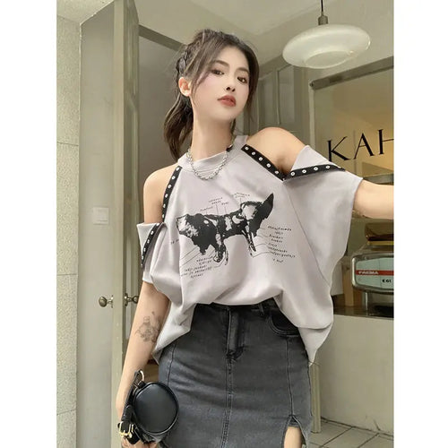 Load image into Gallery viewer, Oversized Y2k Tops Harajuku Tshirts for Women O-neck Off Shoulder Summer Tees Streetwear Casual Fashion T Shirt 2024 Ropa Mujer
