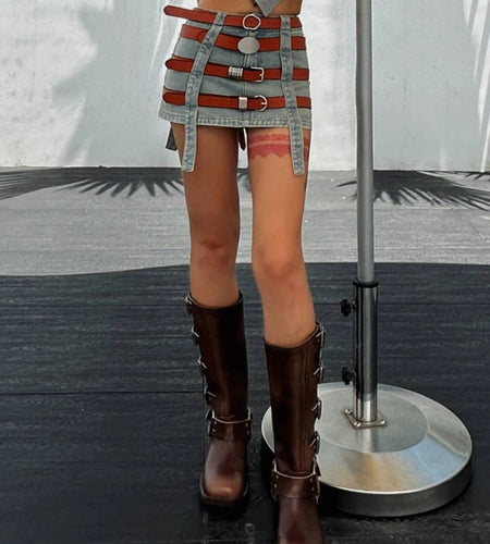 Leather Mini Skirts For Women High Waist Patchwork More Than A Belt Summer Denim Skirt Female Fashion Style