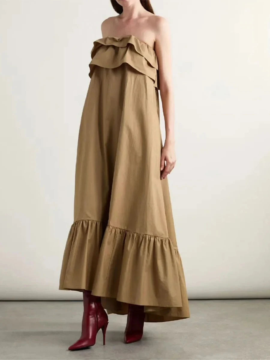Solid Loose Spliced Ruffles Folds Casual Dresses for Women Strapless Sleeveless Minimalist Long Dress Female New