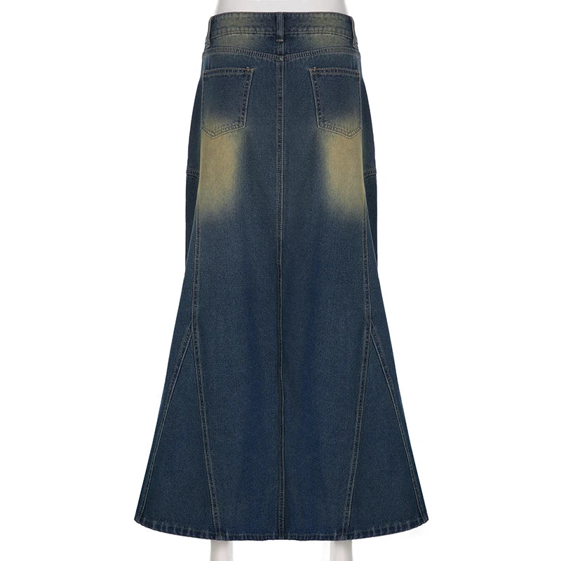 Fairycore Vintage Stitched Cargo Style Denim Skirt Female Street Stye Distressed A-Line Long Skirt Chic Aesthetic Y2K