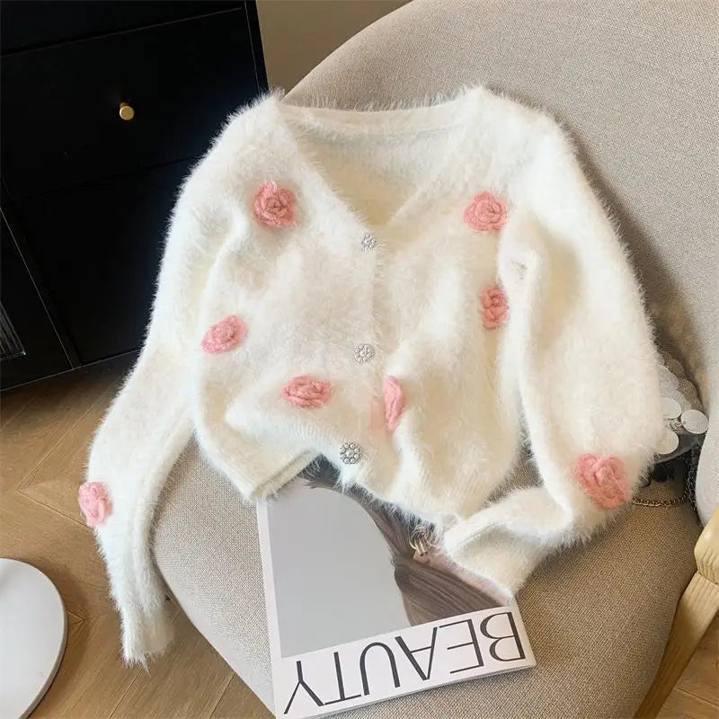 Autumn Winter White Pink Flower Decoration Knitted Cardigan Tops Women V Neck Single Breasted Long Sleeve Imitation Mink Sweater